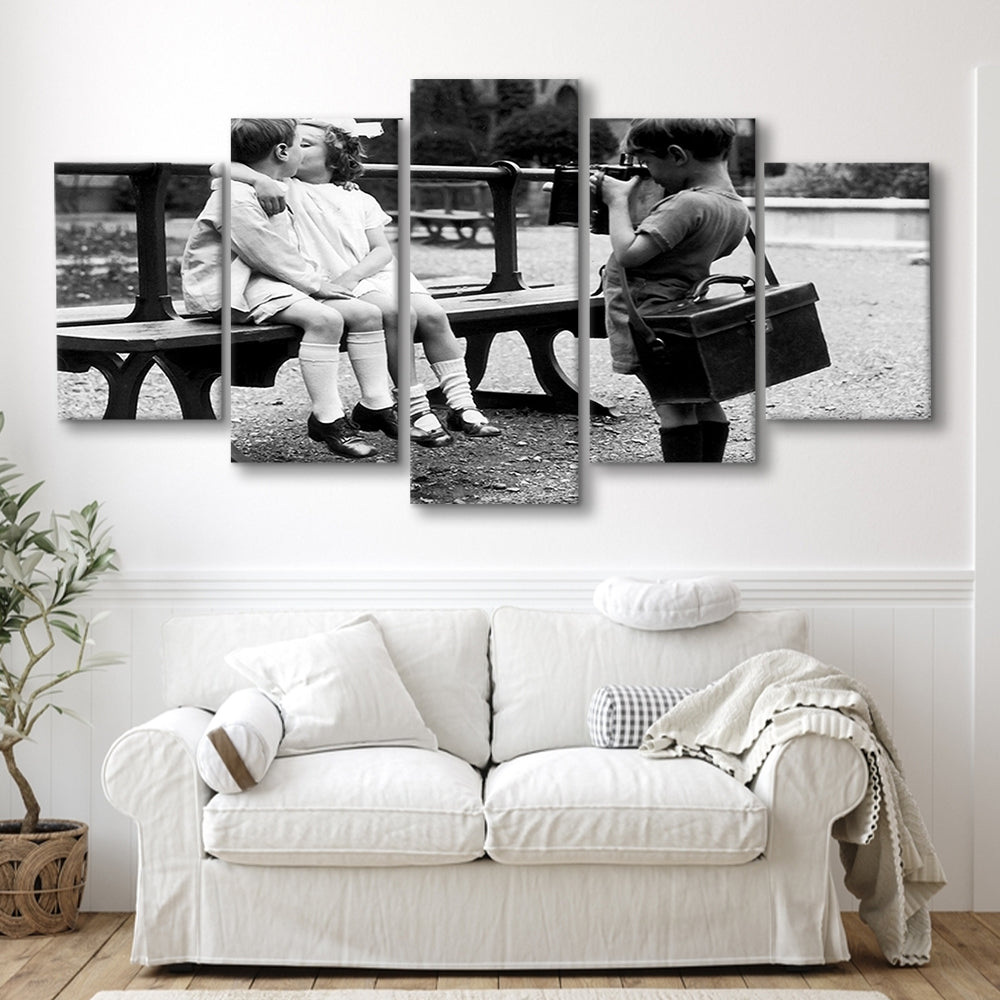 Kids Kissing Print, First Kiss, Black and White Wall Art, Vintage Romantic Bedroom, Mixed 5 Pieces Canvas Print
