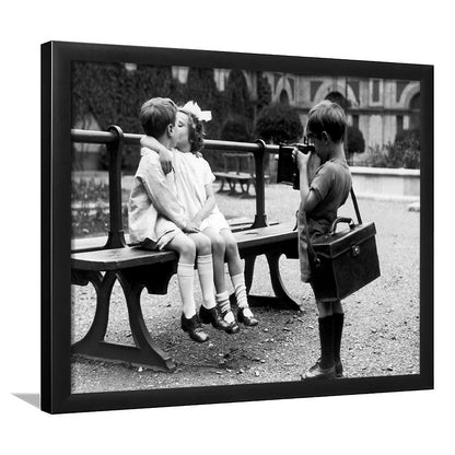 Kids Kissing Print, First Kiss, Black and White Wall Art, Vintage Romantic Bedroom, Framed Art Print Wall Decor