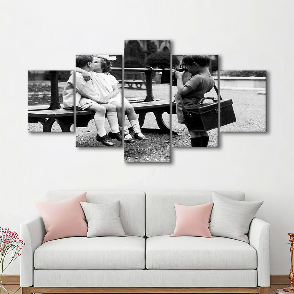 Kids Kissing Print, First Kiss, Black and White Wall Art, Vintage Romantic Bedroom, Mixed 5 Pieces Canvas Print