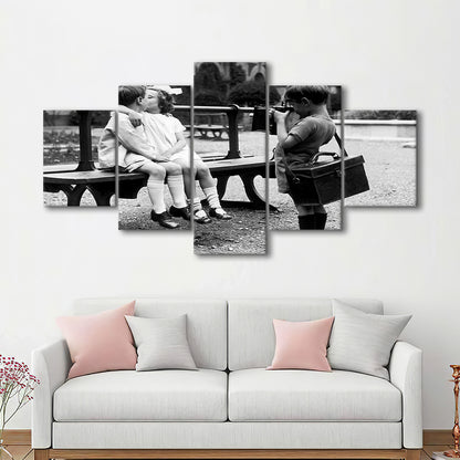 Kids Kissing Print, First Kiss, Black and White Wall Art, Vintage Romantic Bedroom, Mixed 5 Pieces Canvas Print