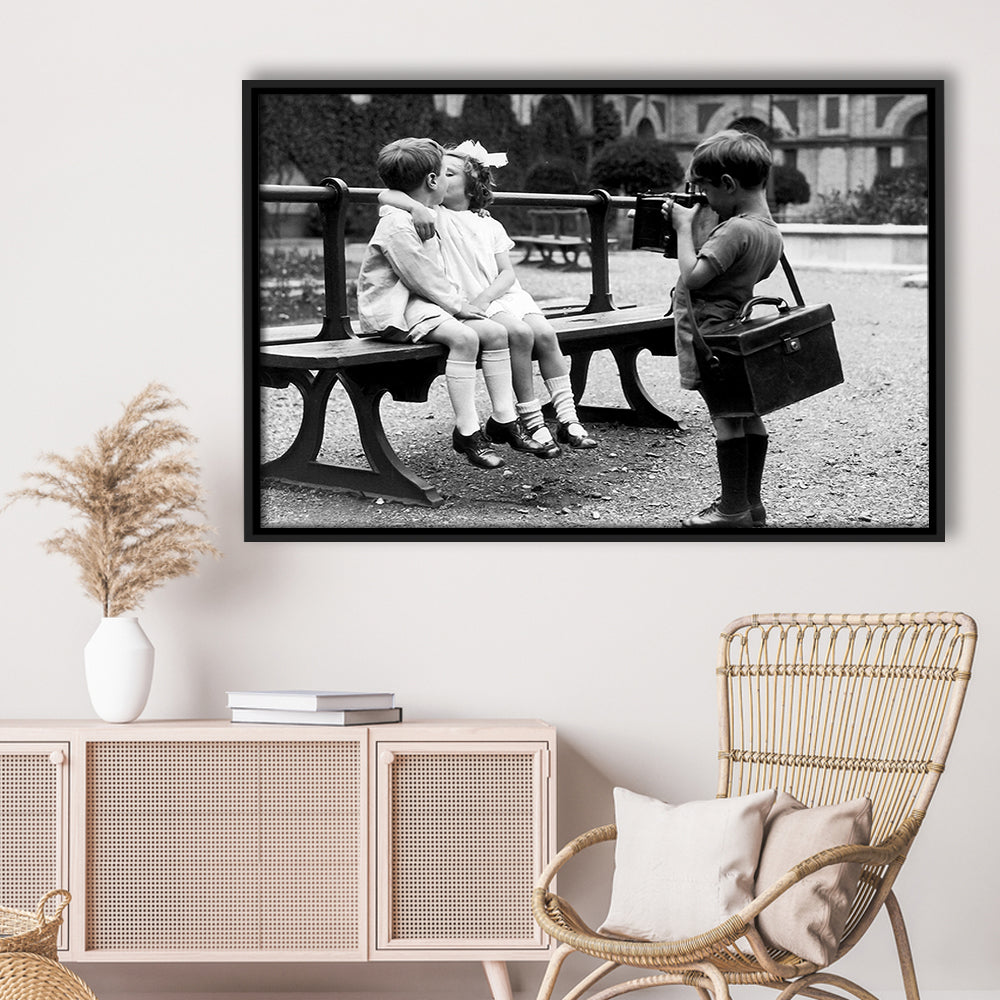 Kids Kissing Print, First Kiss, Black and White Wall Art, Vintage Romantic Bedroom, Floating Framed Canvas Print