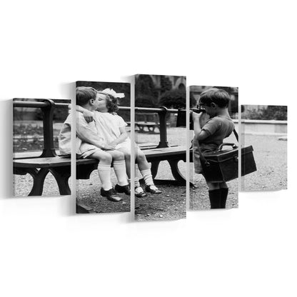 Kids Kissing Print, First Kiss, Black and White Wall Art, Vintage Romantic Bedroom, Mixed 5 Pieces Canvas Print