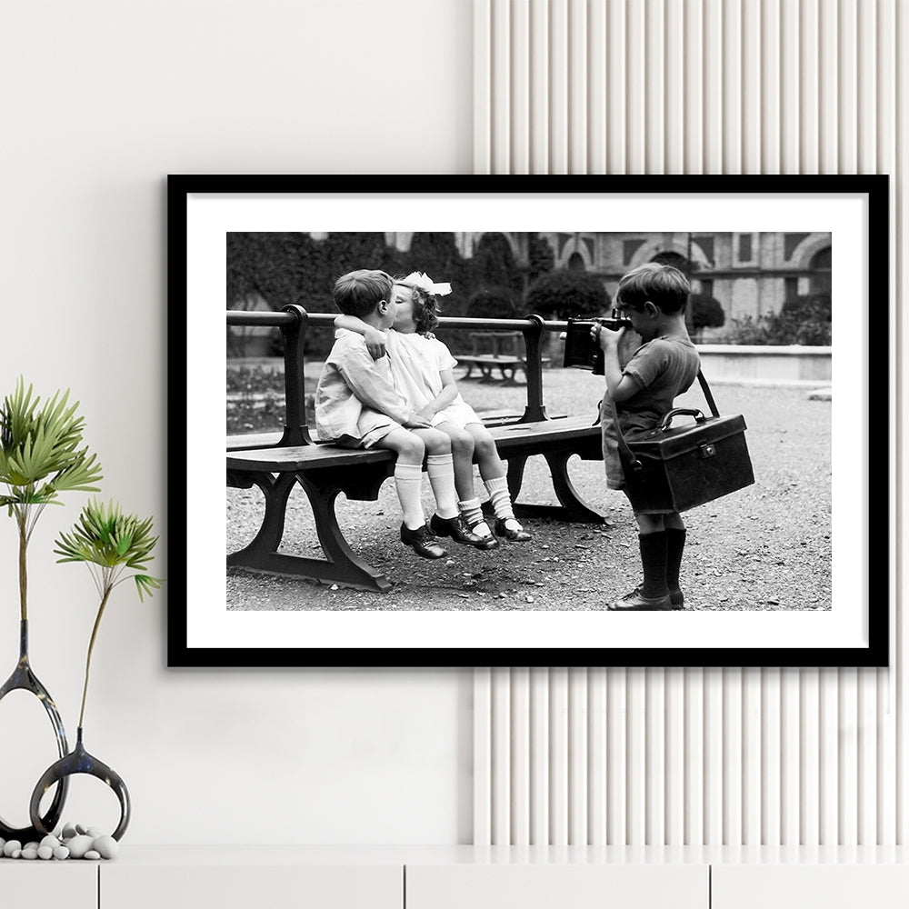 Kids Kissing Print, First Kiss, Black and White Wall Art, Vintage Romantic Bedroom, Framed Art Print White Border Wall Decor