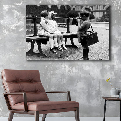 Kids Kissing Print, First Kiss, Black and White Wall Art, Vintage Romantic Bedroom, Canvas Print Wall Art Decor