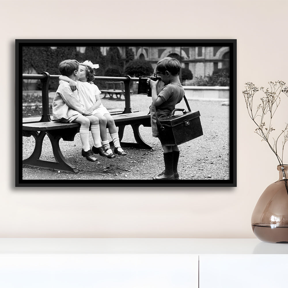 Kids Kissing Print, First Kiss, Black and White Wall Art, Vintage Romantic Bedroom, Floating Framed Canvas Print