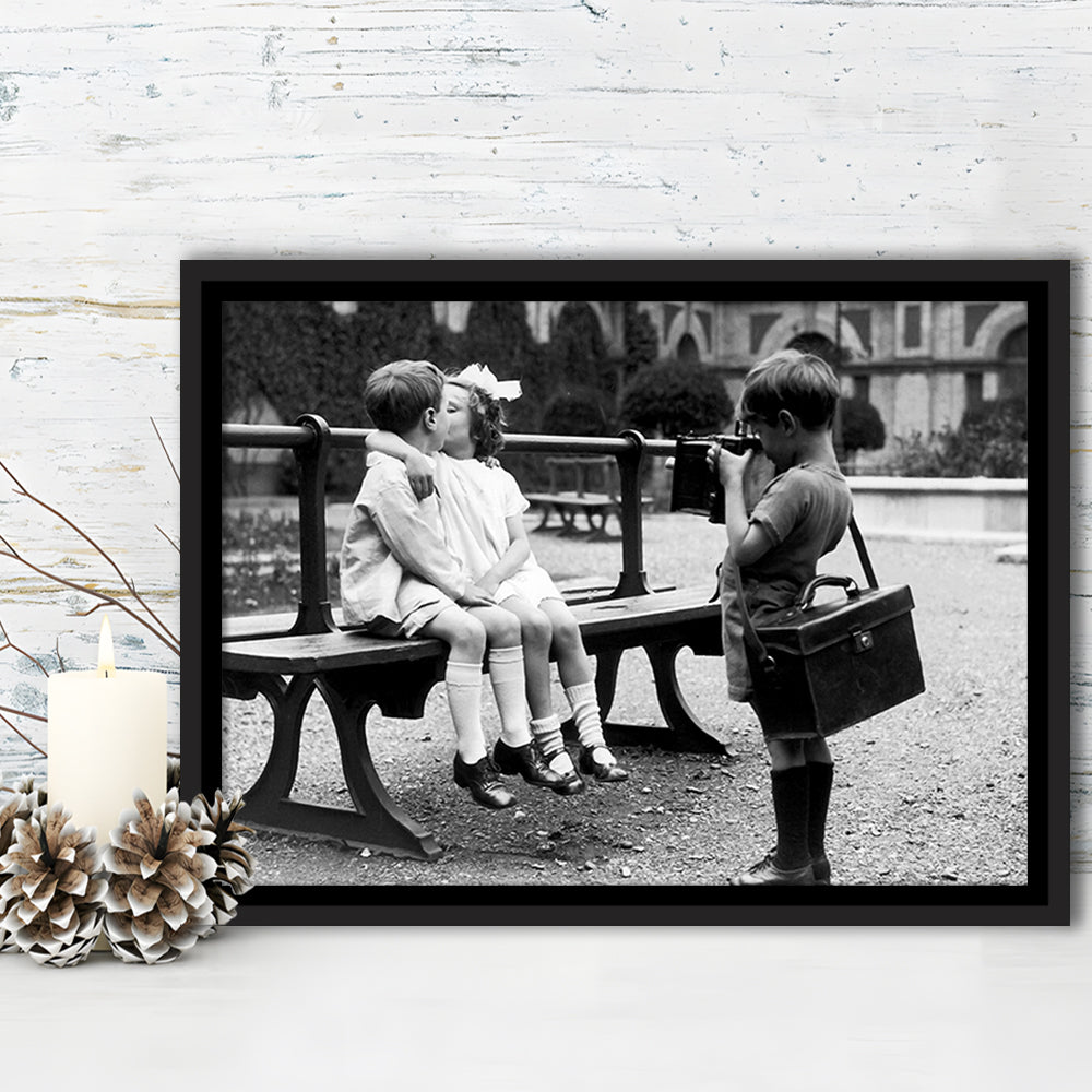 Kids Kissing Print, First Kiss, Black and White Wall Art, Vintage Romantic Bedroom, Floating Framed Canvas Print