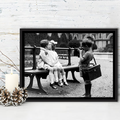 Kids Kissing Print, First Kiss, Black and White Wall Art, Vintage Romantic Bedroom, Floating Framed Canvas Print