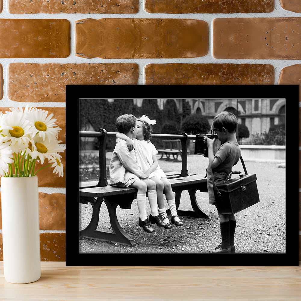 Kids Kissing Print, First Kiss, Black and White Wall Art, Vintage Romantic Bedroom, Framed Art Print Wall Decor