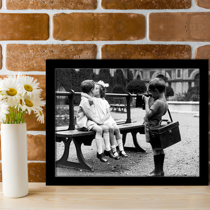 Kids Kissing Print, First Kiss, Black and White Wall Art, Vintage Romantic Bedroom, Framed Art Print Wall Decor