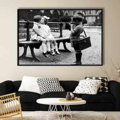 Kids Kissing Print, First Kiss, Black and White Wall Art, Vintage Romantic Bedroom, Floating Framed Canvas Print
