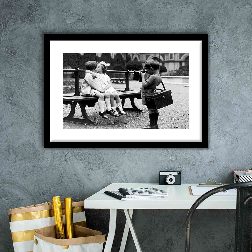Kids Kissing Print, First Kiss, Black and White Wall Art, Vintage Romantic Bedroom, Framed Art Print White Border Wall Decor
