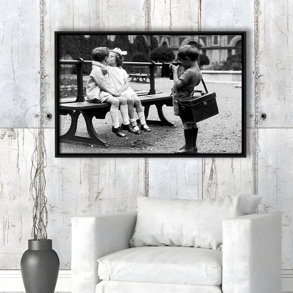 Kids Kissing Print, First Kiss, Black and White Wall Art, Vintage Romantic Bedroom, Floating Framed Canvas Print