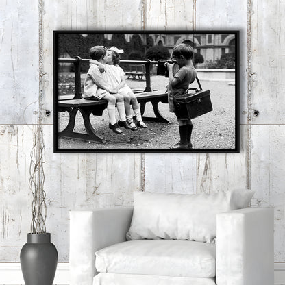 Kids Kissing Print, First Kiss, Black and White Wall Art, Vintage Romantic Bedroom, Floating Framed Canvas Print
