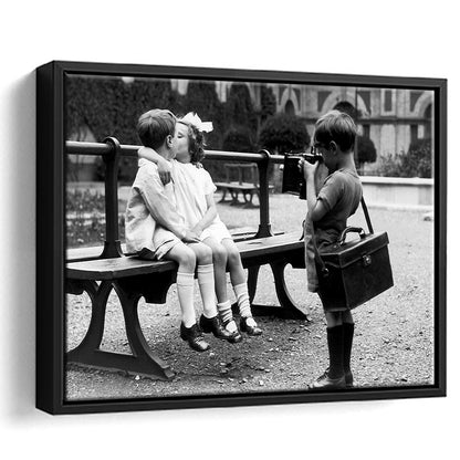 Kids Kissing Print, First Kiss, Black and White Wall Art, Vintage Romantic Bedroom, Floating Framed Canvas Print