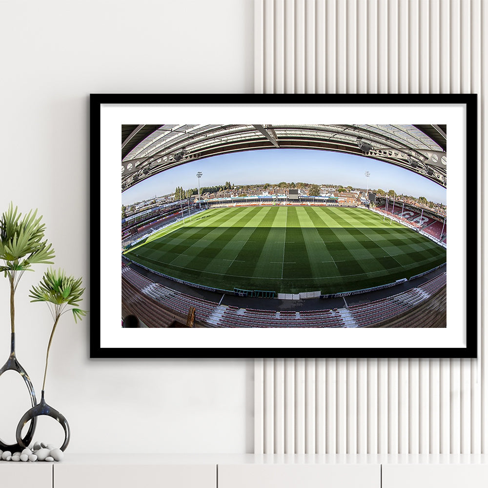 Kingsholm Stadium, Stadium Canvas, Sport Art, Gift for him, White Border Framed Art Print Wall Decor