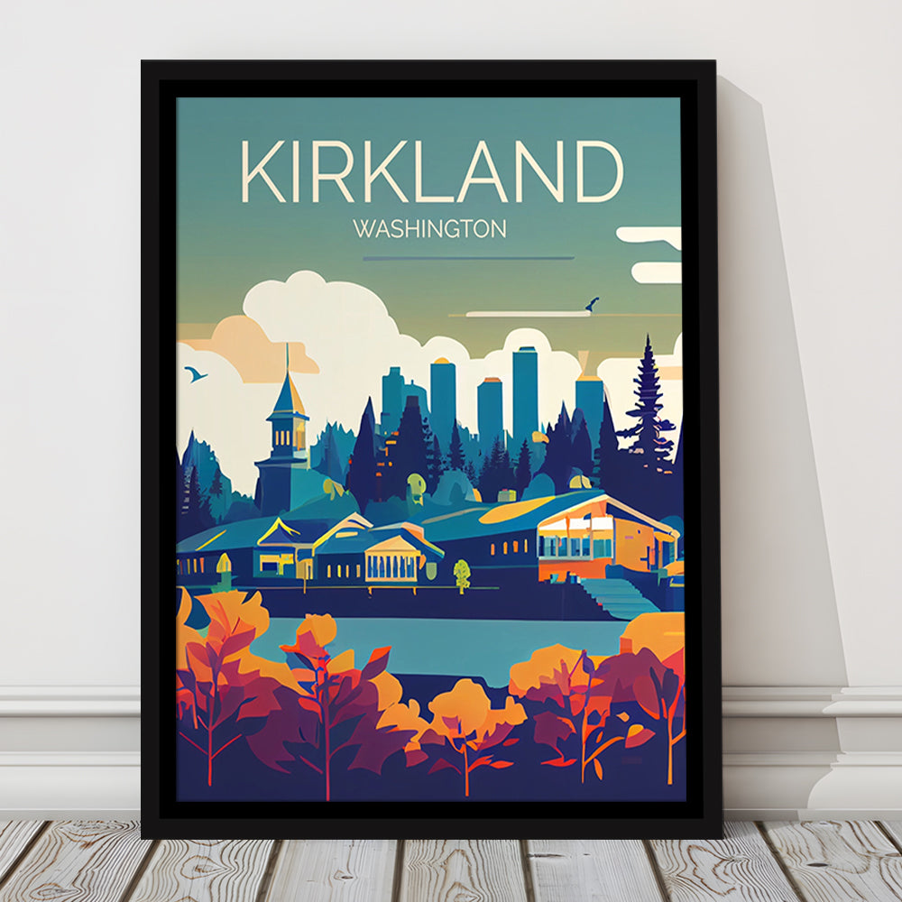 Kirkland Washington Retro Art Print, Kirkland City Wall Art, Floating Framed Canvas Print, Framed Picture, Painting Canvas