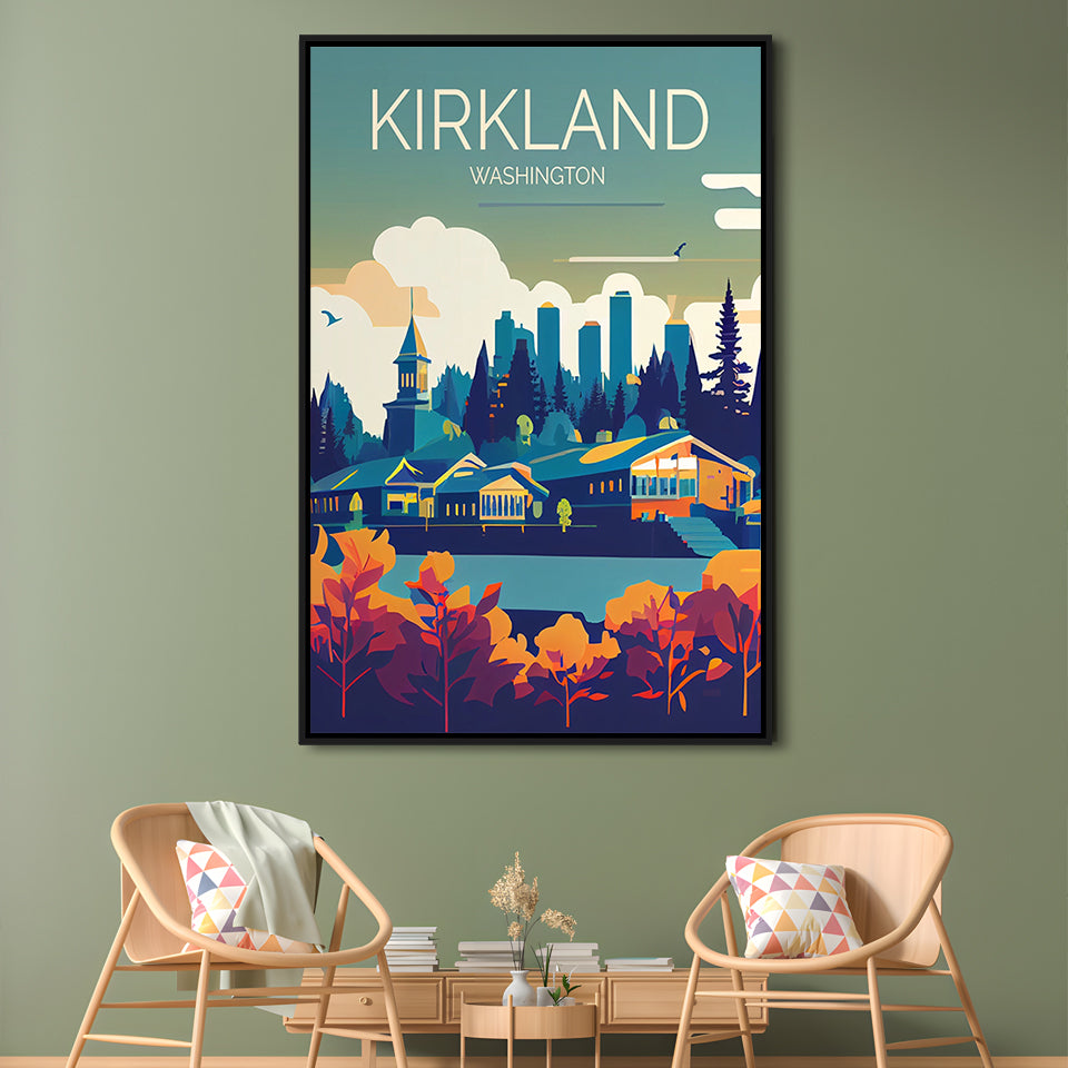Kirkland Washington Retro Art Print, Kirkland City Wall Art, Floating Framed Canvas Print, Framed Picture, Painting Canvas