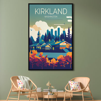 Kirkland Washington Retro Art Print, Kirkland City Wall Art, Floating Framed Canvas Print, Framed Picture, Painting Canvas