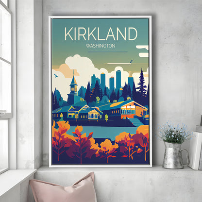Kirkland Washington Retro Art Print, Kirkland City Wall Art, Floating Framed Canvas Print, Framed Picture, Painting Canvas