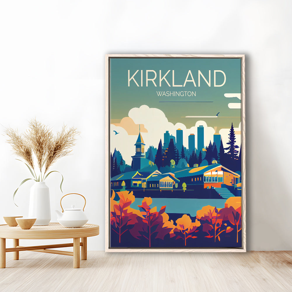 Kirkland Washington Retro Art Print, Kirkland City Wall Art, Floating Framed Canvas Print, Framed Picture, Painting Canvas