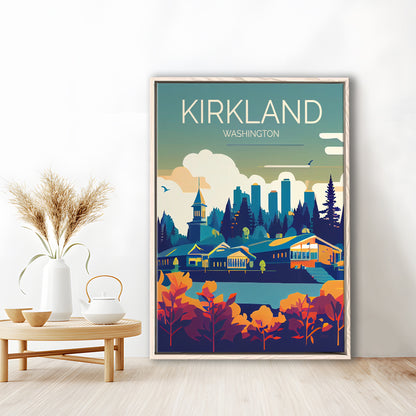 Kirkland Washington Retro Art Print, Kirkland City Wall Art, Floating Framed Canvas Print, Framed Picture, Painting Canvas