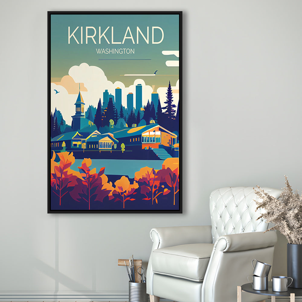 Kirkland Washington Retro Art Print, Kirkland City Wall Art, Floating Framed Canvas Print, Framed Picture, Painting Canvas