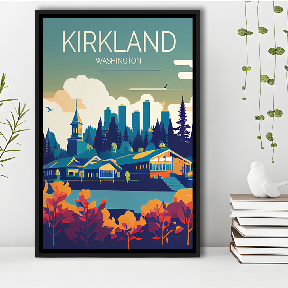 Kirkland Washington Retro Art Print, Kirkland City Wall Art, Floating Framed Canvas Print, Framed Picture, Painting Canvas