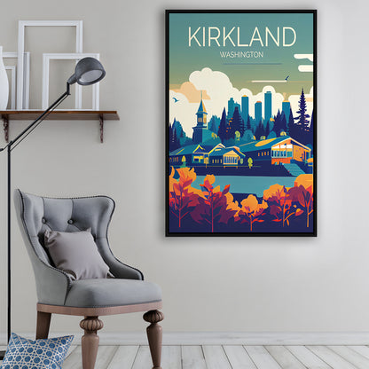 Kirkland Washington Retro Art Print, Kirkland City Wall Art, Floating Framed Canvas Print, Framed Picture, Painting Canvas