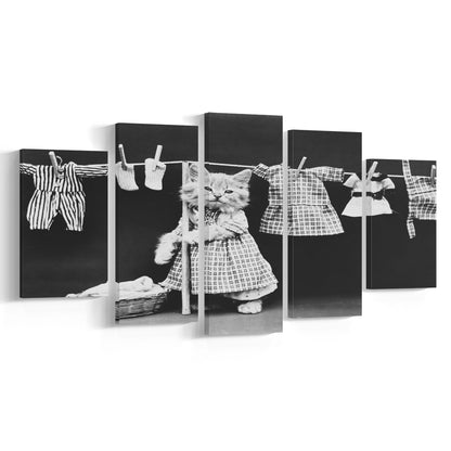Kitten Hanging Laundry Black and White Art Funny Animal Photos, Mixed 5 Pieces Canvas Print