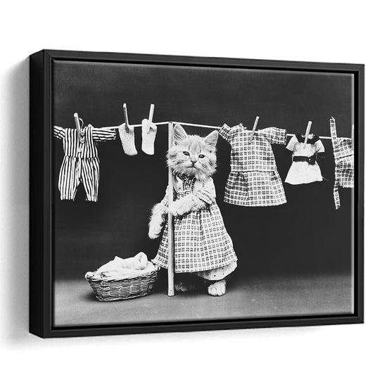 Kitten Hanging Laundry Black and White Art Funny Animal Photos, Floating Framed Canvas Print