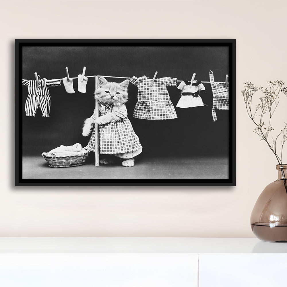 Kitten Hanging Laundry Black and White Art Funny Animal Photos, Floating Framed Canvas Print