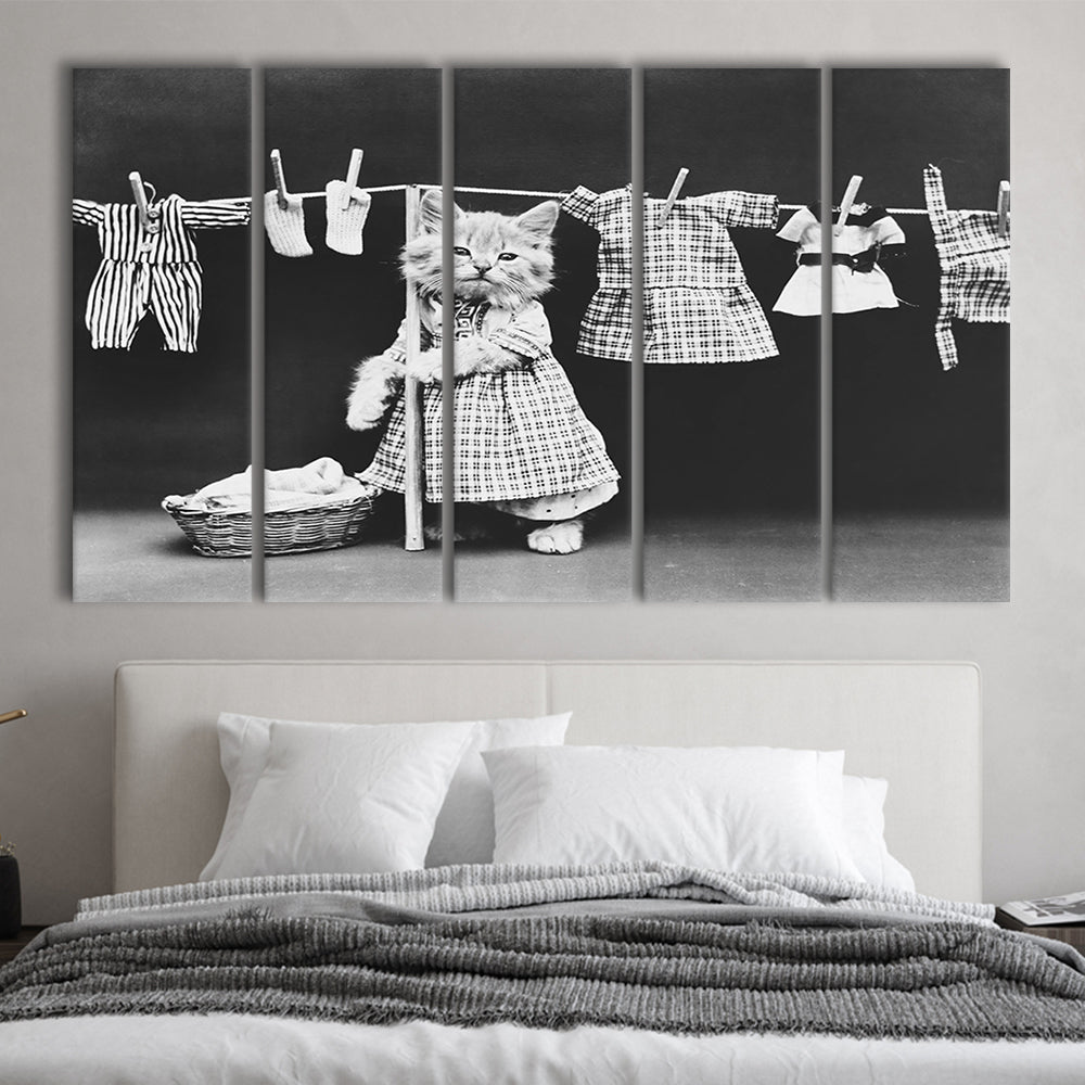 Kitten Hanging Laundry Black and White Art Funny Animal Photos, 5 Pieces Large Canvas Print
