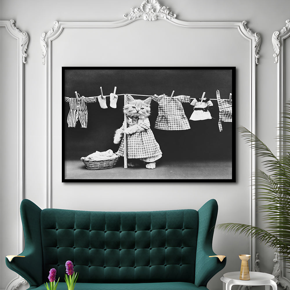 Kitten Hanging Laundry Black and White Art Funny Animal Photos, Framed Art Print Wall Decor