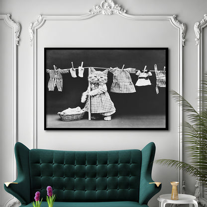 Kitten Hanging Laundry Black and White Art Funny Animal Photos, Framed Art Print Wall Decor