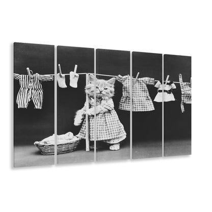 Kitten Hanging Laundry Black and White Art Funny Animal Photos, 5 Pieces Large Canvas Print