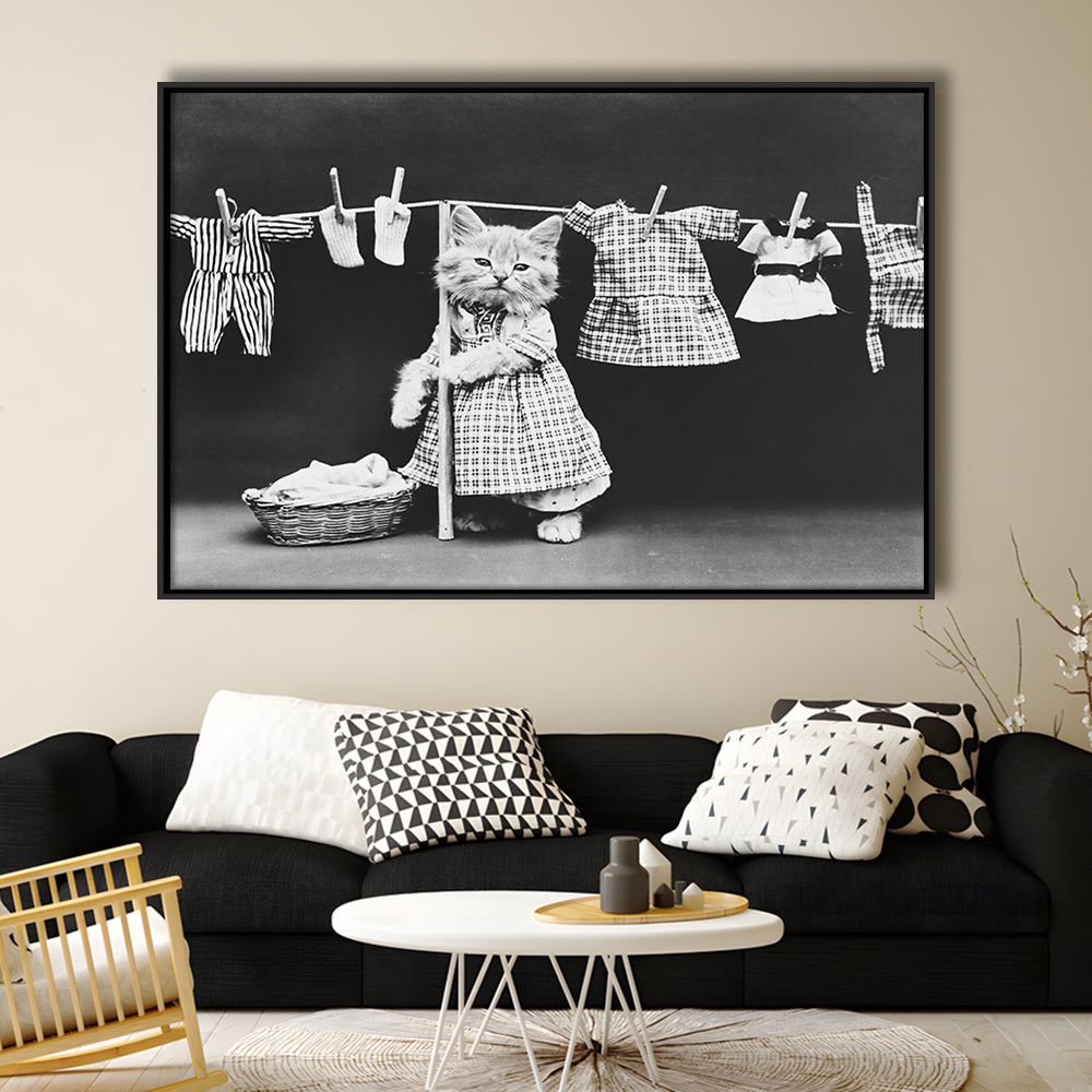 Kitten Hanging Laundry Black and White Art Funny Animal Photos, Floating Framed Canvas Print
