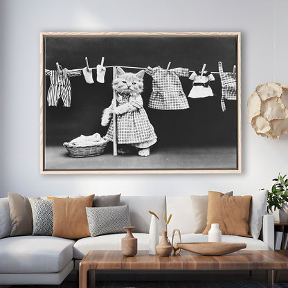 Kitten Hanging Laundry Black and White Art Funny Animal Photos, Floating Framed Canvas Print