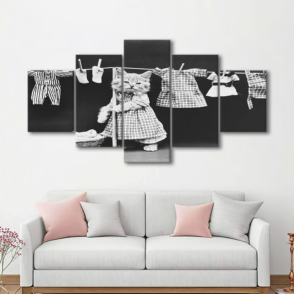 Kitten Hanging Laundry Black and White Art Funny Animal Photos, Mixed 5 Pieces Canvas Print