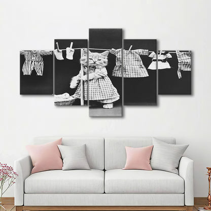 Kitten Hanging Laundry Black and White Art Funny Animal Photos, Mixed 5 Pieces Canvas Print