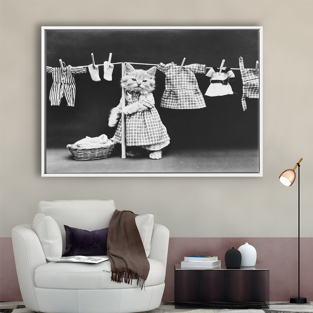 Kitten Hanging Laundry Black and White Art Funny Animal Photos, Floating Framed Canvas Print