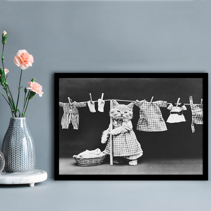 Kitten Hanging Laundry Black and White Art Funny Animal Photos, Framed Art Print Wall Decor