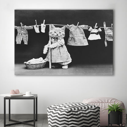 Kitten Hanging Laundry Black and White Art Funny Animal Photos, Canvas Print Wall Art Decor