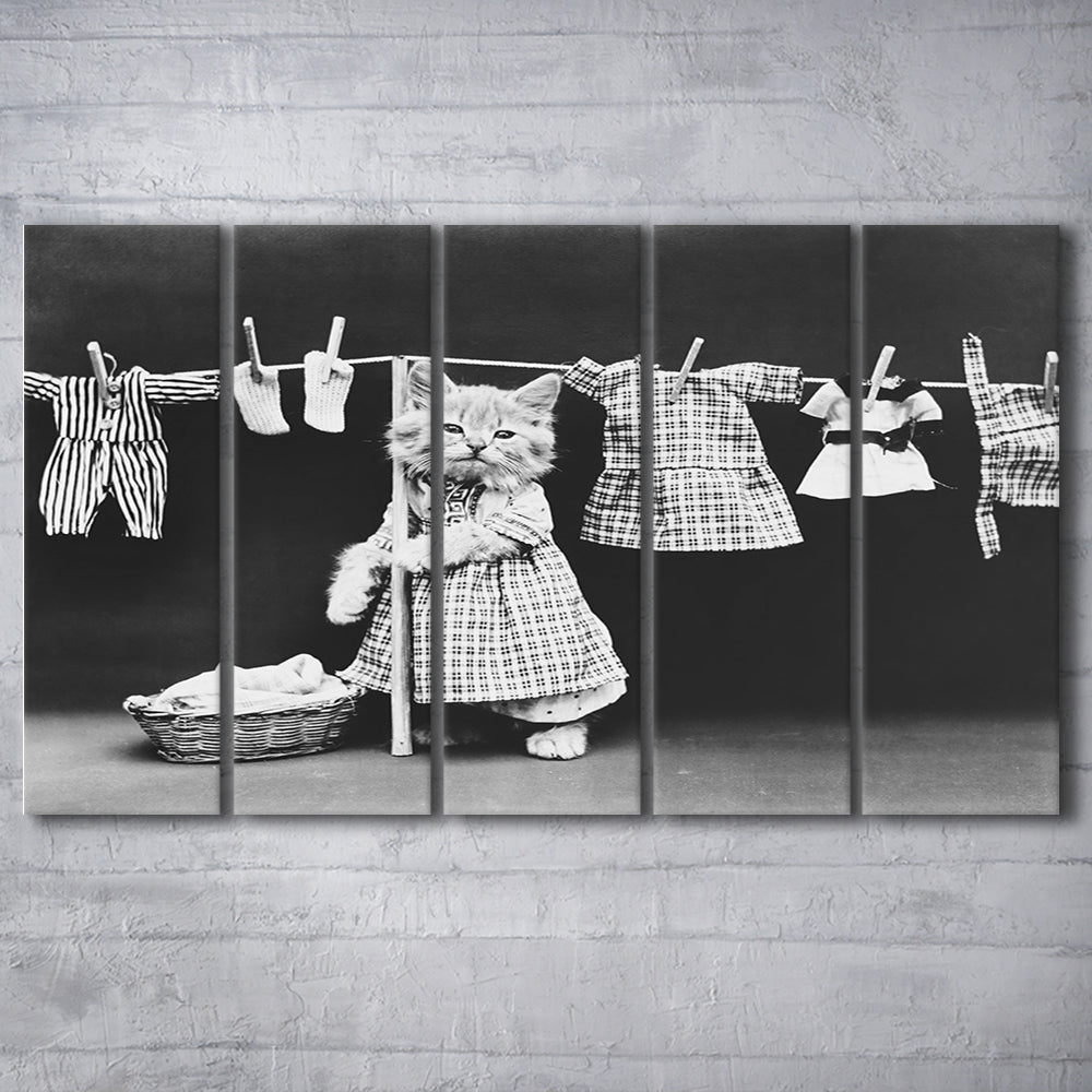 Kitten Hanging Laundry Black and White Art Funny Animal Photos, 5 Pieces Large Canvas Print