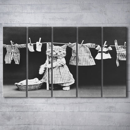 Kitten Hanging Laundry Black and White Art Funny Animal Photos, 5 Pieces Large Canvas Print