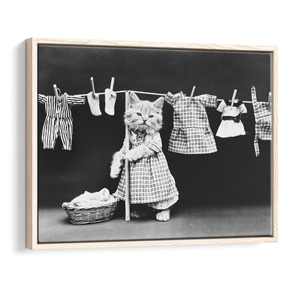 Kitten Hanging Laundry Black and White Art Funny Animal Photos, Floating Framed Canvas Print