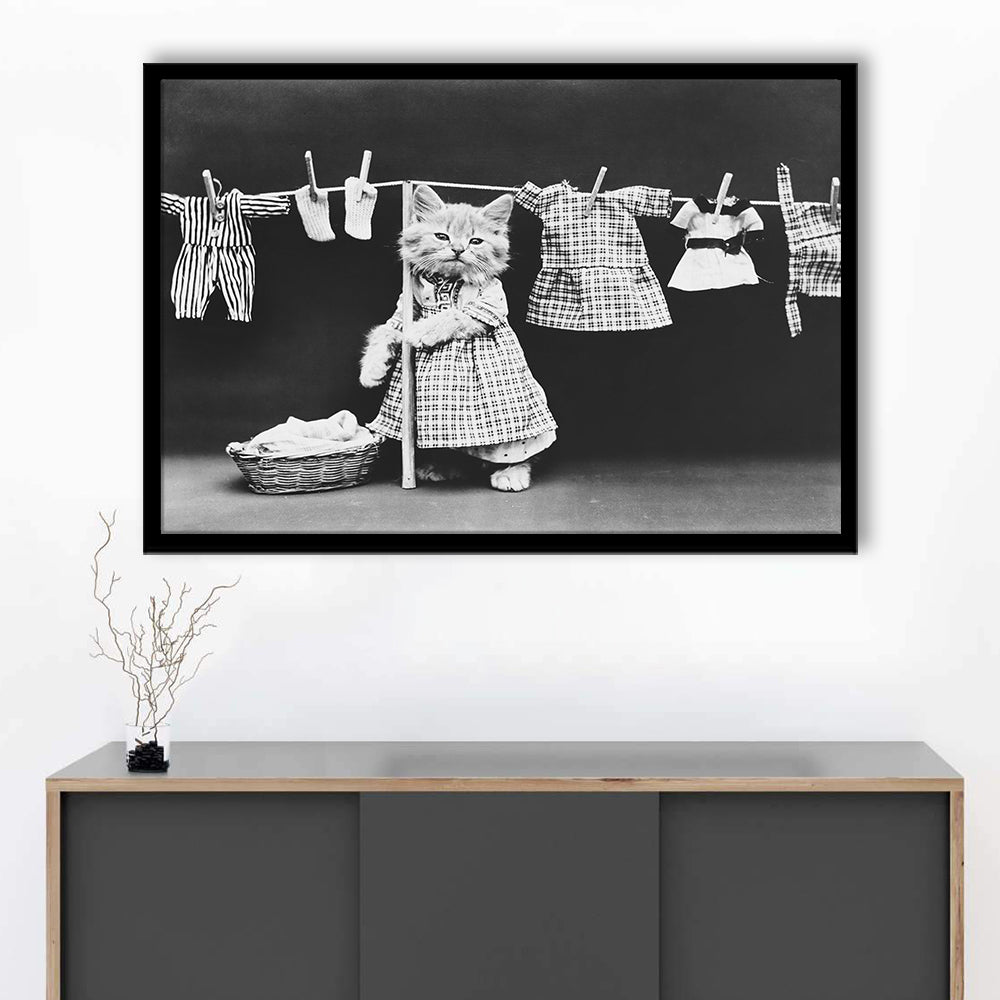 Kitten Hanging Laundry Black and White Art Funny Animal Photos, Framed Art Print Wall Decor