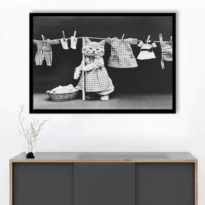 Kitten Hanging Laundry Black and White Art Funny Animal Photos, Framed Art Print Wall Decor
