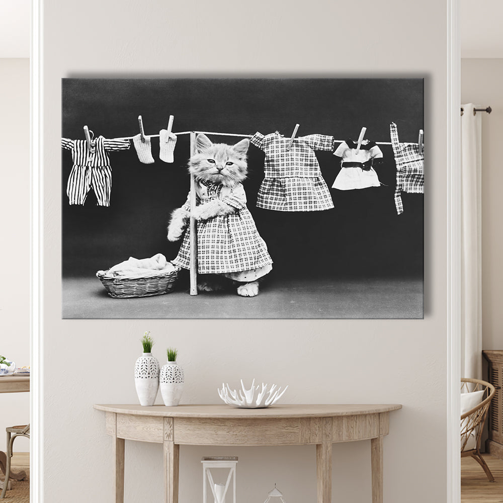Kitten Hanging Laundry Black and White Art Funny Animal Photos, Canvas Print Wall Art Decor