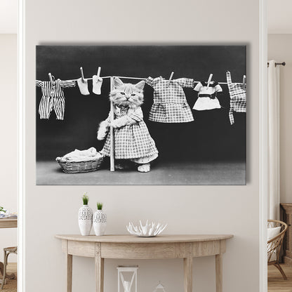 Kitten Hanging Laundry Black and White Art Funny Animal Photos, Canvas Print Wall Art Decor