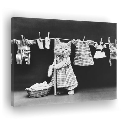 Kitten Hanging Laundry Black and White Art Funny Animal Photos, Canvas Print Wall Art Decor